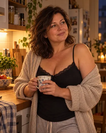 žena se dívá na telefon u kuchyňského stolu.