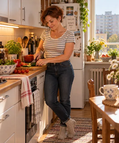 Žena ve svém prostředí: žena vaří ve světlé kuchyni.