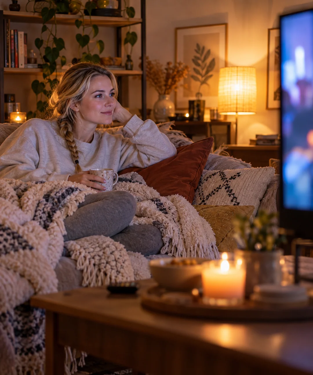 Žena ve svém prostředí: blondýnka sleduje večer televizi.