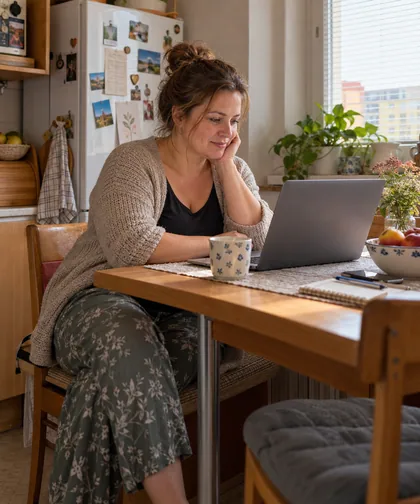 Žena ve svém prostředí: žena pracuje s notebookem v malé kuchyni.